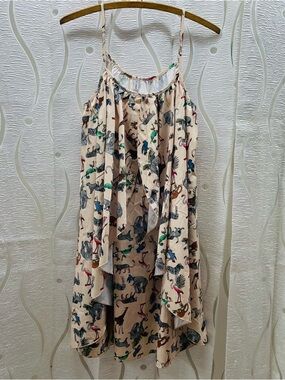 DRESSF0 Animal Print Cami tunic Womens Small Cream Safari Draped Layered